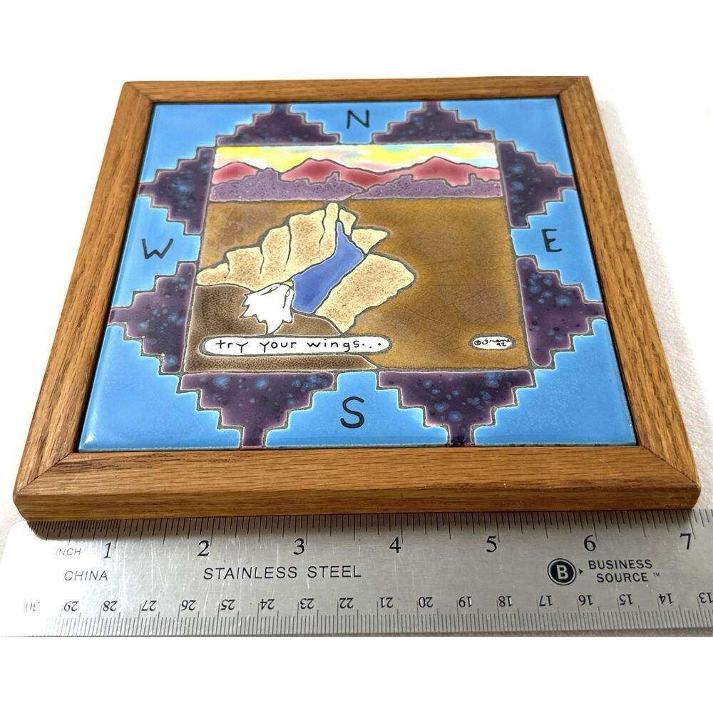Southwest Tile Art © Orane 1992 “Try Your Wings” Eagle Compass Framed 7x7” - Picture 4 of 8